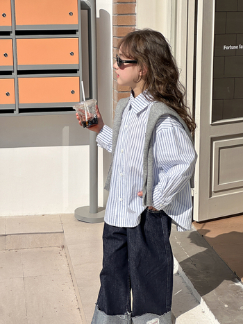 Gyerekeknek szóló ing koreai stílusban, laza szabás, csíkos mintázat, hosszú ujjú, 100% pamut