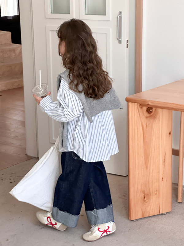 Gyerekeknek szóló ing koreai stílusban, laza szabás, csíkos mintázat, hosszú ujjú, 100% pamut