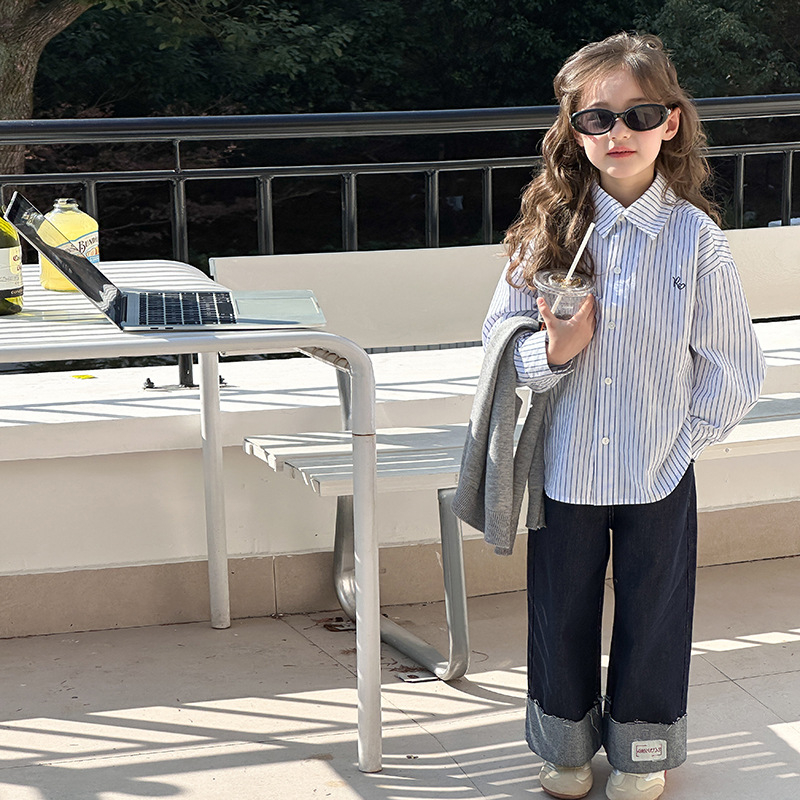 Gyerekeknek szóló ing koreai stílusban, laza szabás, csíkos mintázat, hosszú ujjú, 100% pamut