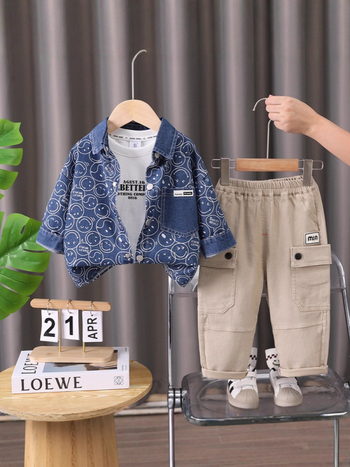 Costum pentru copii din bumbac, trei piese, imprimeu desen animat, stil coreean (toamna 2025)