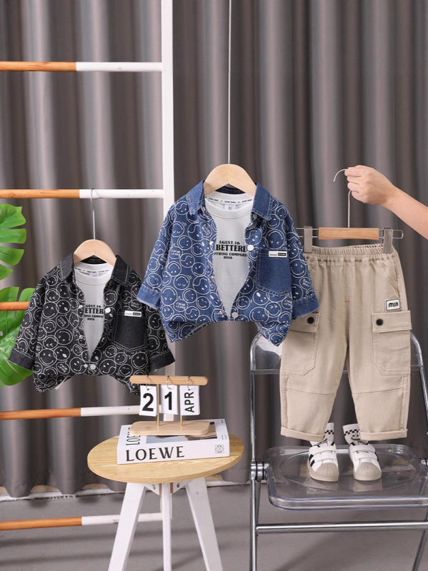 Costum pentru copii din bumbac, trei piese, imprimeu desen animat, stil coreean (toamna 2025)