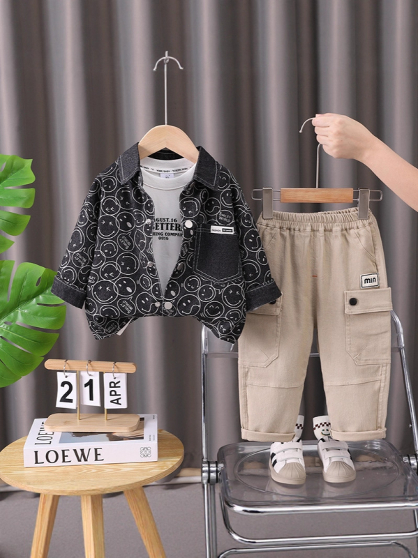 Costum pentru copii din bumbac, trei piese, imprimeu desen animat, stil coreean (toamna 2025)