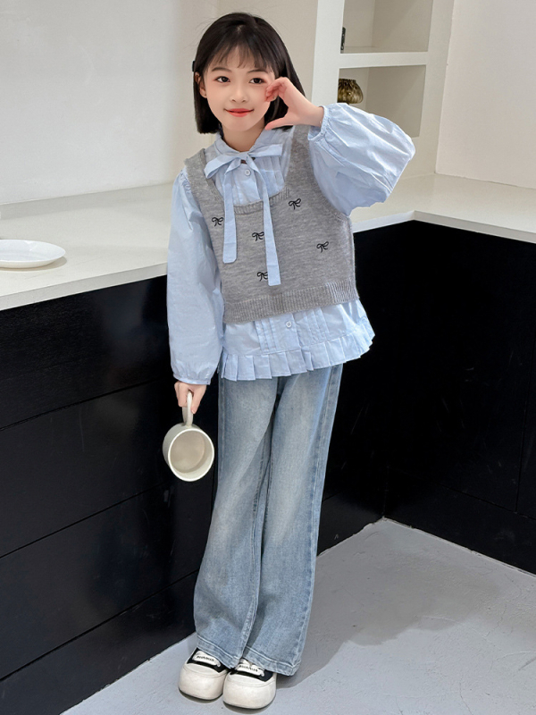 Butterfly Knot dječji trodjelni set: košulja, prsluk i traperice s zvonastim krojem, dugi rukavi, preko glave (pulover), proljeće–jesen, 8+ godina