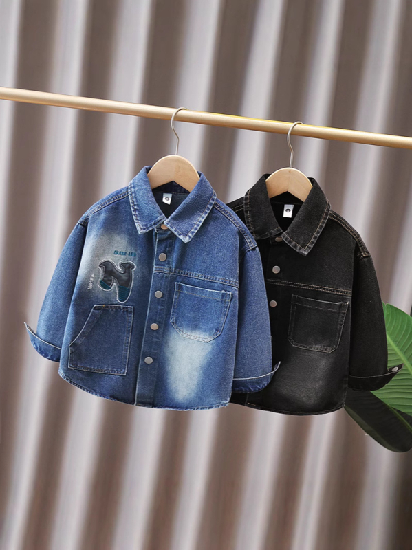 Cămașă denim cu mâneci lungi pentru băieți, modă tineret, gulă rever, toamnă 2025