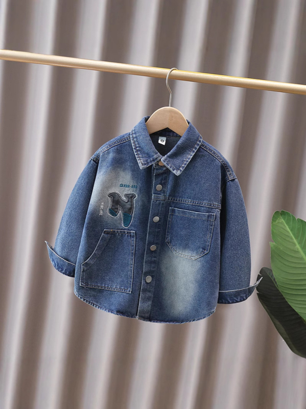 Cămașă denim cu mâneci lungi pentru băieți, modă tineret, gulă rever, toamnă 2025