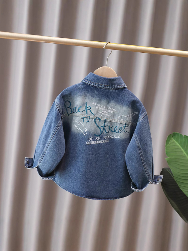 Cămașă denim cu mâneci lungi pentru băieți, modă tineret, gulă rever, toamnă 2025