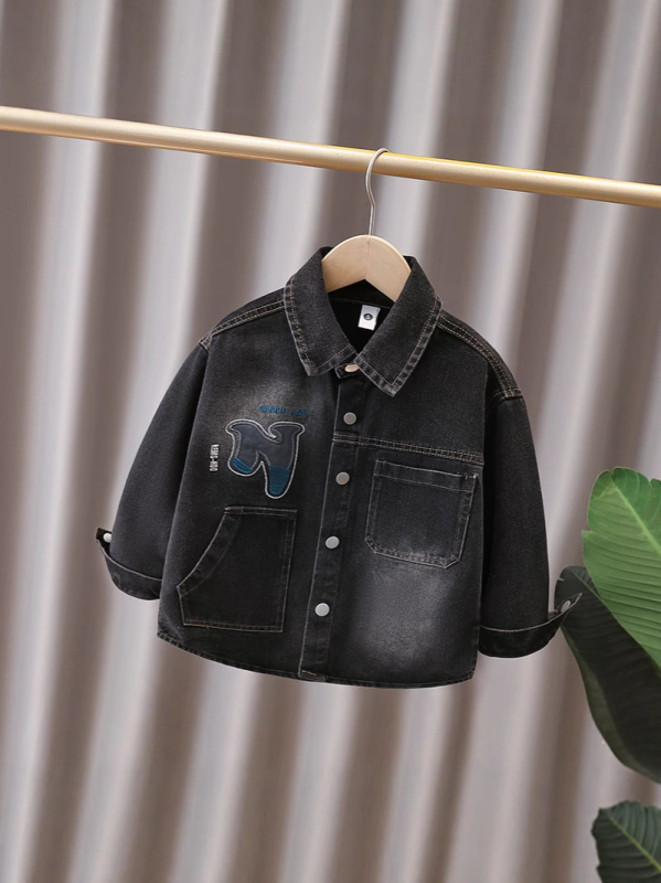 Cămașă denim cu mâneci lungi pentru băieți, modă tineret, gulă rever, toamnă 2025