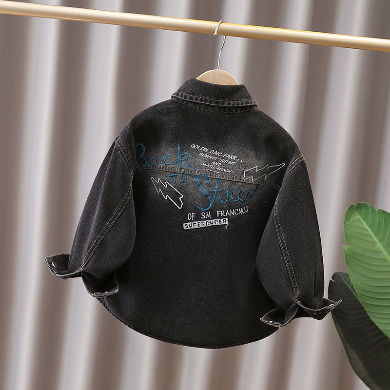 Cămașă denim cu mâneci lungi pentru băieți, modă tineret, gulă rever, toamnă 2025