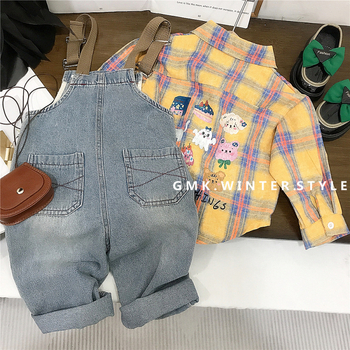 Lányoknak készült denim öltözet kockás és rajzfilm motívumokkal, tavasz-ősz, hosszú ujjú, koreai stílus