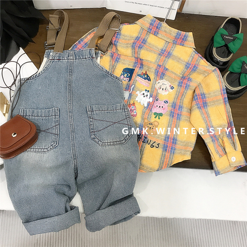 Lányoknak készült denim öltözet kockás és rajzfilm motívumokkal, tavasz-ősz, hosszú ujjú, koreai stílus