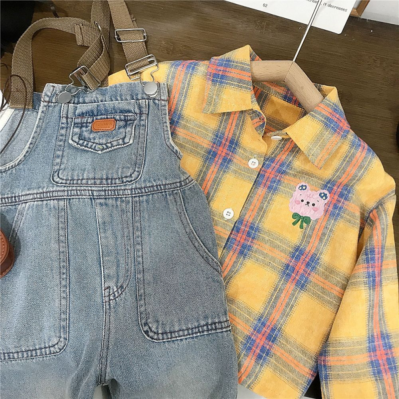 Lányoknak készült denim öltözet kockás és rajzfilm motívumokkal, tavasz-ősz, hosszú ujjú, koreai stílus