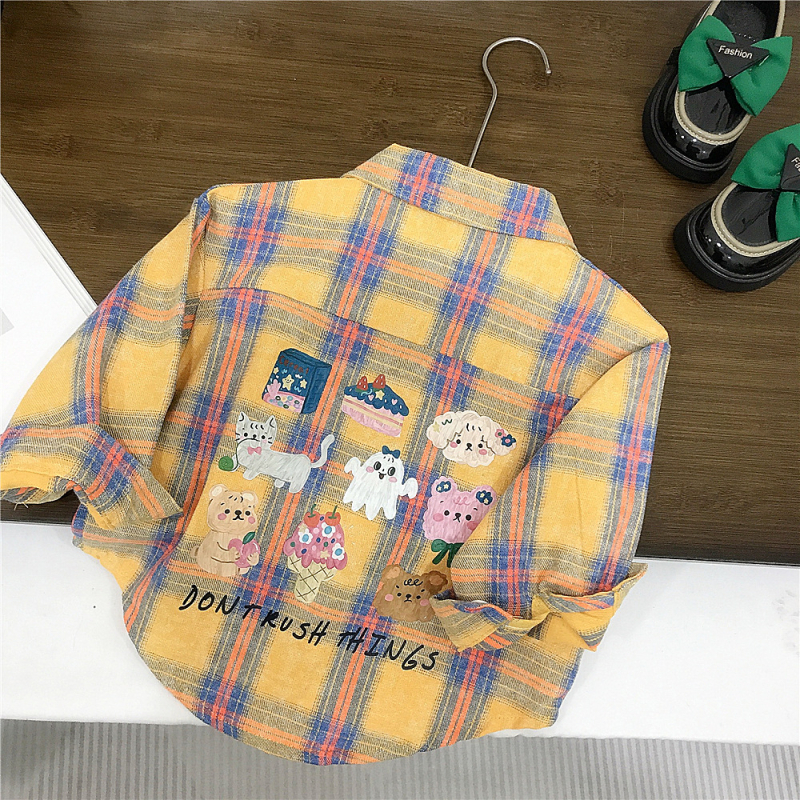 Lányoknak készült denim öltözet kockás és rajzfilm motívumokkal, tavasz-ősz, hosszú ujjú, koreai stílus