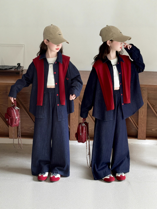 Lányoknak szóló tavasz–ősz mellény- és ing készlet, 2 darab, 80% pamut, puha feldolgozású anyag, hosszú ujjú