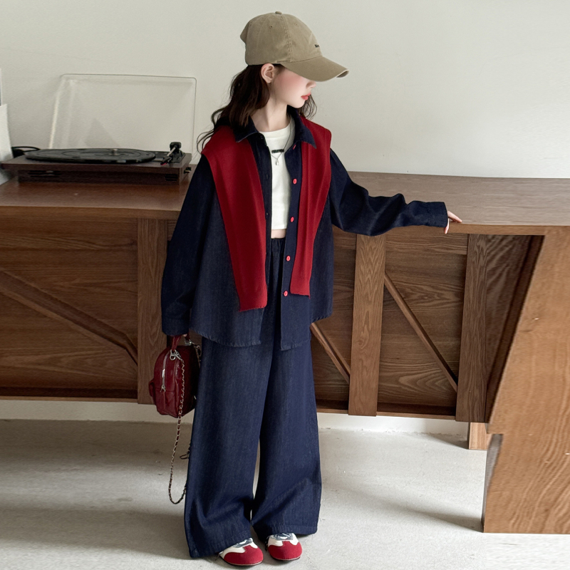 Lányoknak szóló tavasz–ősz mellény- és ing készlet, 2 darab, 80% pamut, puha feldolgozású anyag, hosszú ujjú