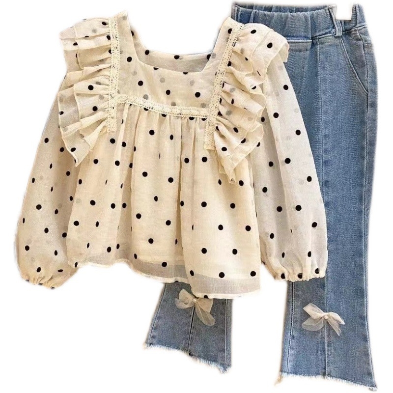 Set de cămașă cu buline pentru fete, stil coreean, guler drept pătrat, chiffon poliester 95%, mâneci lungi