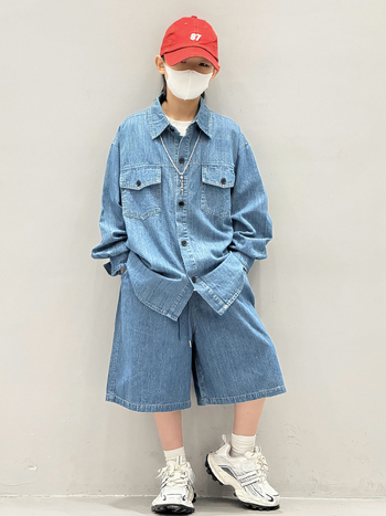Dvoslojni dječji set: košulja s dugim rukavima i šorc, korejski stil, denim tkanina s 80% pamuka, jesenska kolekcija 2025