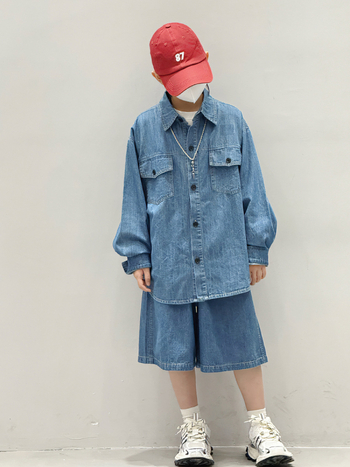 Dvoslojni dječji set: košulja s dugim rukavima i šorc, korejski stil, denim tkanina s 80% pamuka, jesenska kolekcija 2025