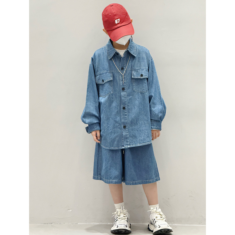 Dvoslojni dječji set: košulja s dugim rukavima i šorc, korejski stil, denim tkanina s 80% pamuka, jesenska kolekcija 2025