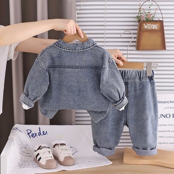 Dječji trodijelni set s denimu — košulja s dugim rukavima, hlače, gornji dio; korejski stil, zatvaranje puloverom, pamuk 95%, proljeće/jesen, dob 1-3 godine