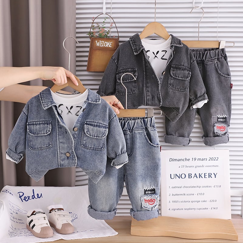 Dječji trodijelni set s denimu — košulja s dugim rukavima, hlače, gornji dio; korejski stil, zatvaranje puloverom, pamuk 95%, proljeće/jesen, dob 1-3 godine