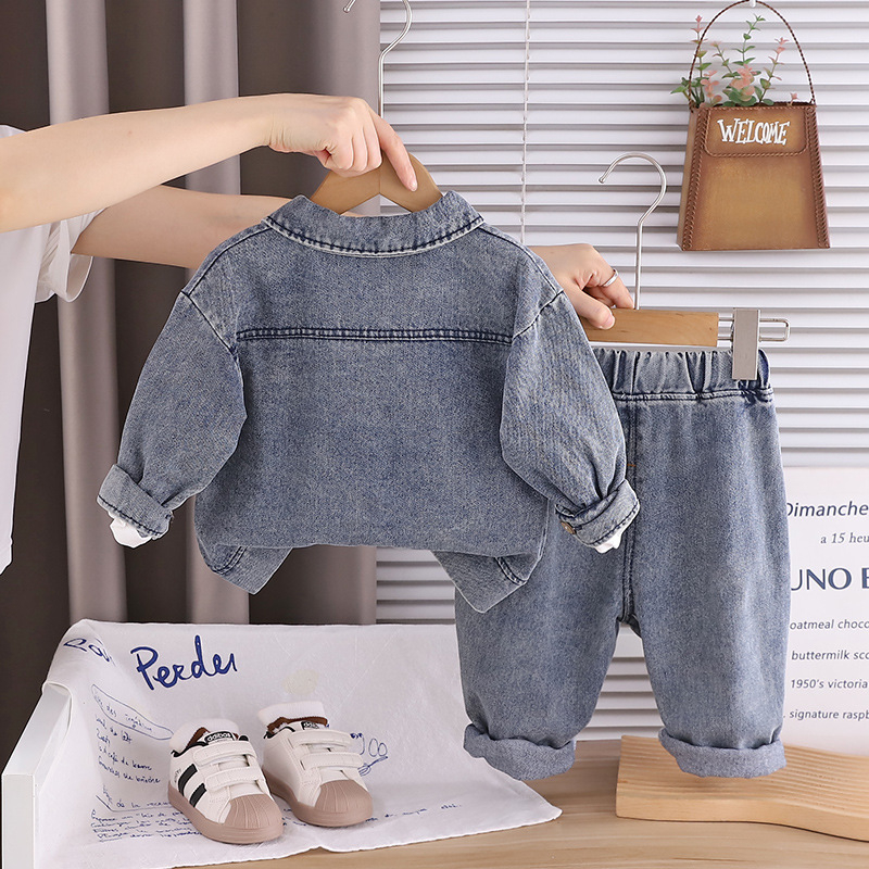 Dječji trodijelni set s denimu — košulja s dugim rukavima, hlače, gornji dio; korejski stil, zatvaranje puloverom, pamuk 95%, proljeće/jesen, dob 1-3 godine