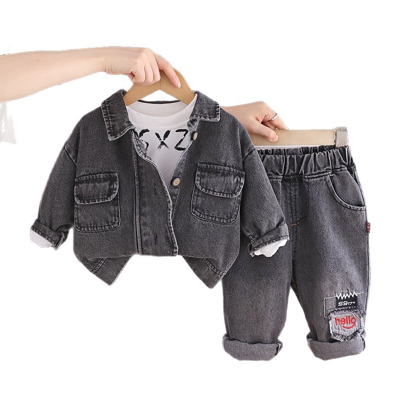 Dječji trodijelni set s denimu — košulja s dugim rukavima, hlače, gornji dio; korejski stil, zatvaranje puloverom, pamuk 95%, proljeće/jesen, dob 1-3 godine