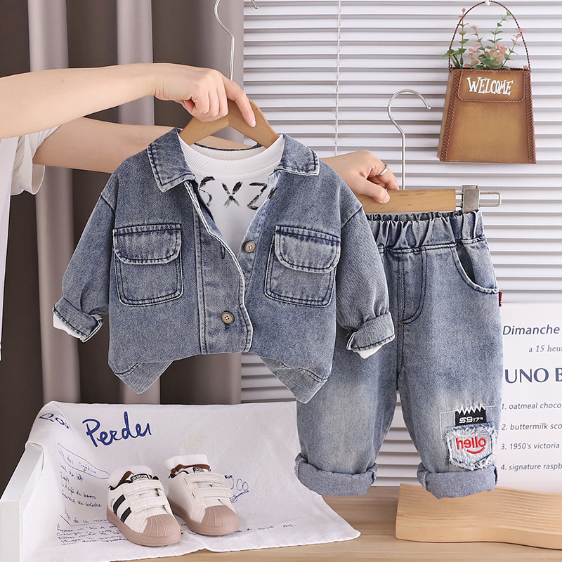 Dječji trodijelni set s denimu — košulja s dugim rukavima, hlače, gornji dio; korejski stil, zatvaranje puloverom, pamuk 95%, proljeće/jesen, dob 1-3 godine