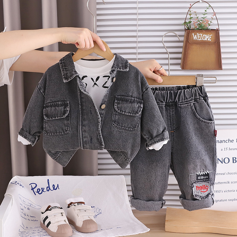 Dječji trodijelni set s denimu — košulja s dugim rukavima, hlače, gornji dio; korejski stil, zatvaranje puloverom, pamuk 95%, proljeće/jesen, dob 1-3 godine