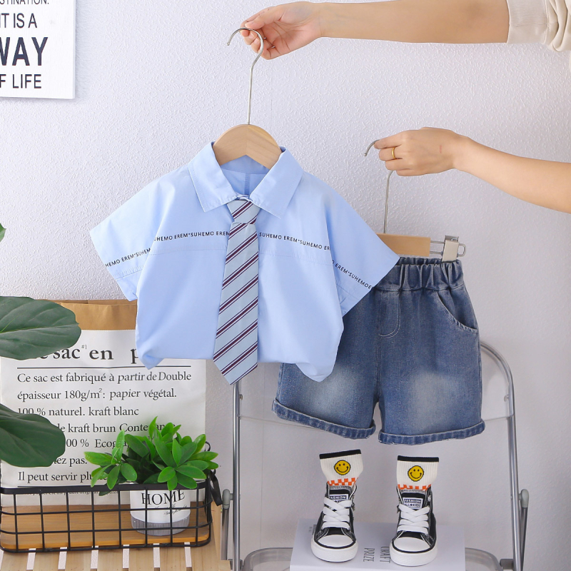 Dvodjelni ljetni dječji set: košulja s kratkim rukavima i šorts, unisex, korejski stil, mekana obrada, 92% pamuka