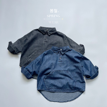 Gyerekeknek szóló denim ing, 100% pamut, koreai stílus, hosszú ujjú, lágyított felület enzimes mosással.