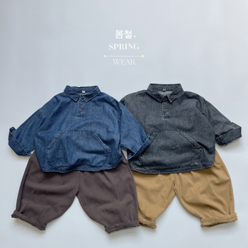 Gyerekeknek szóló denim ing, 100% pamut, koreai stílus, hosszú ujjú, lágyított felület enzimes mosással.