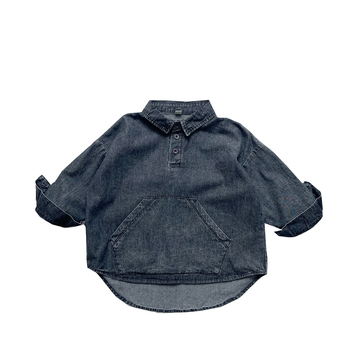 Gyerekeknek szóló denim ing, 100% pamut, koreai stílus, hosszú ujjú, lágyított felület enzimes mosással.