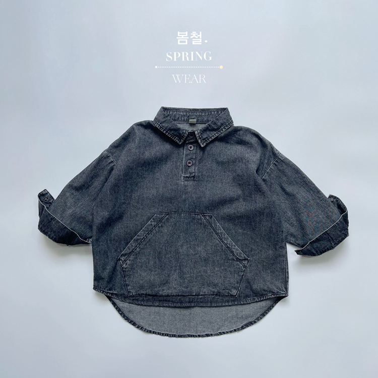 Gyerekeknek szóló denim ing, 100% pamut, koreai stílus, hosszú ujjú, lágyított felület enzimes mosással.
