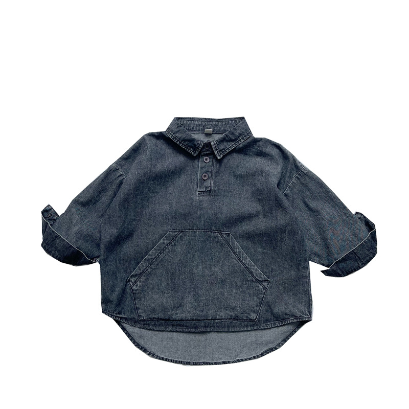Gyerekeknek szóló denim ing, 100% pamut, koreai stílus, hosszú ujjú, lágyított felület enzimes mosással.