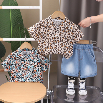 Dječji dvodjelni set: košulja s leopard printom i kratke traper hlače – korejski stil, kratkih rukava, 100% pamuk, ljeto, za djecu 1–3 godine.