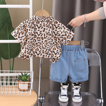 Dječji dvodjelni set: košulja s leopard printom i kratke traper hlače – korejski stil, kratkih rukava, 100% pamuk, ljeto, za djecu 1–3 godine.