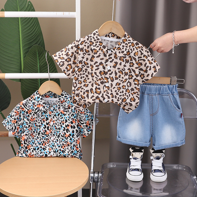 Dječji dvodjelni set: košulja s leopard printom i kratke traper hlače – korejski stil, kratkih rukava, 100% pamuk, ljeto, za djecu 1–3 godine.
