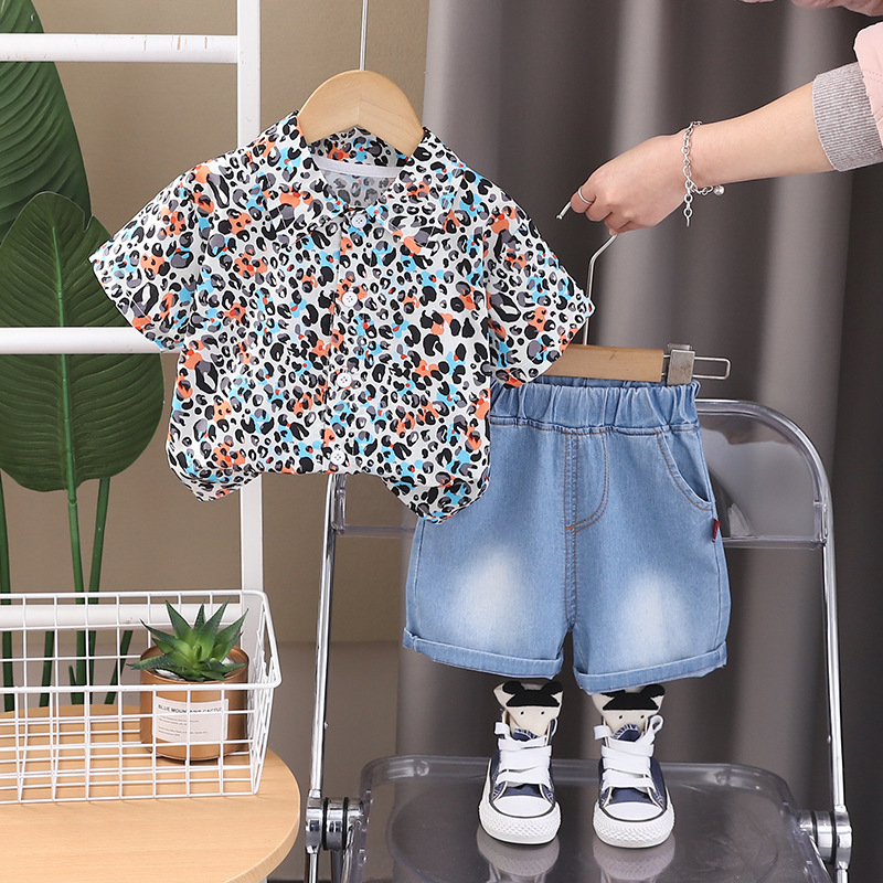 Dječji dvodjelni set: košulja s leopard printom i kratke traper hlače – korejski stil, kratkih rukava, 100% pamuk, ljeto, za djecu 1–3 godine.