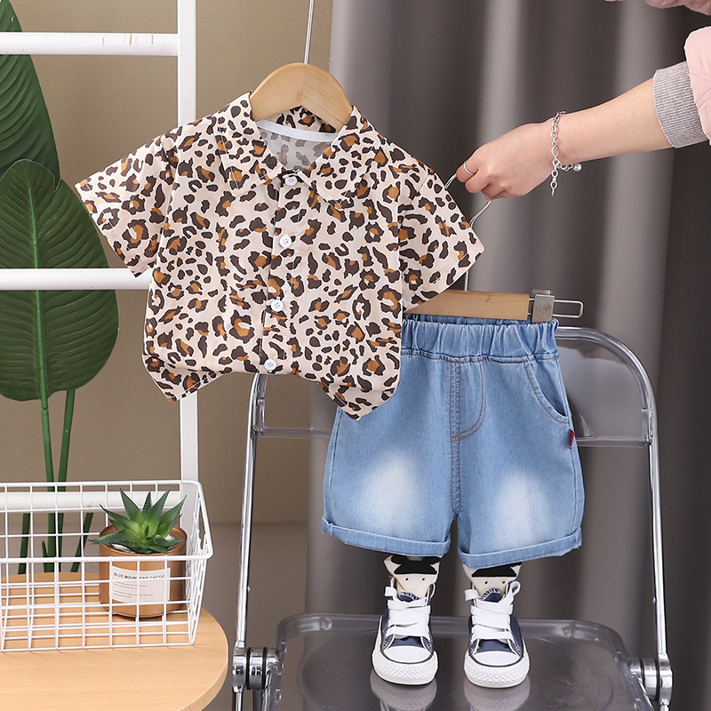 Dječji dvodjelni set: košulja s leopard printom i kratke traper hlače – korejski stil, kratkih rukava, 100% pamuk, ljeto, za djecu 1–3 godine.