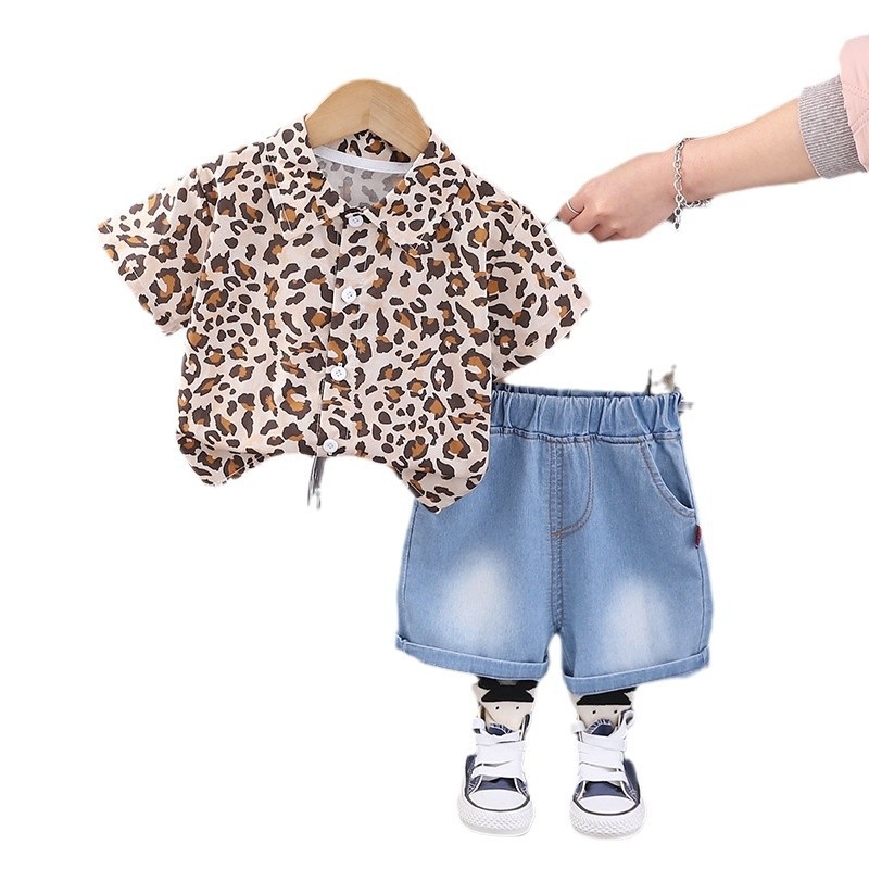 Dječji dvodjelni set: košulja s leopard printom i kratke traper hlače – korejski stil, kratkih rukava, 100% pamuk, ljeto, za djecu 1–3 godine.
