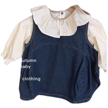Dječji dvodijelni set: denim suknja s tregerima i šivana košulja s ovratnikom‑doll collar, korejski stil, jesen 2024