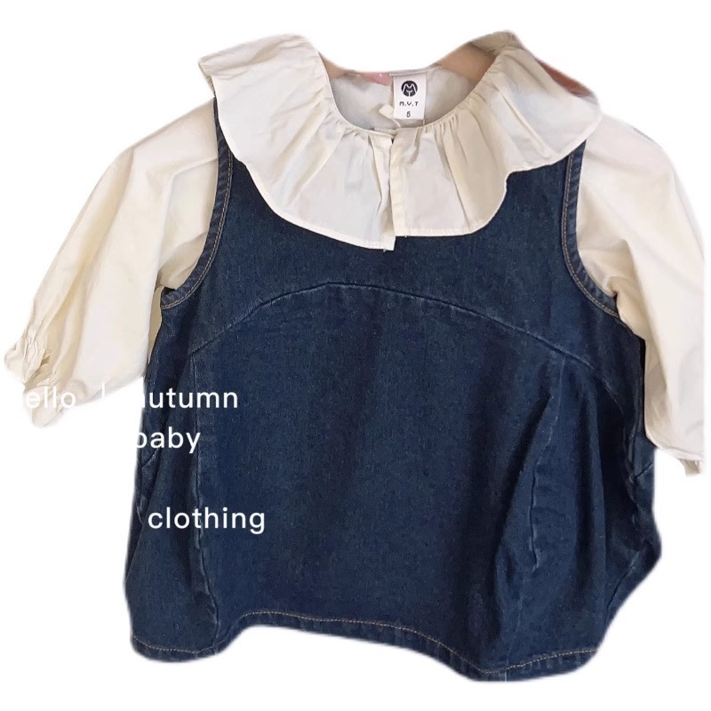 Dječji dvodijelni set: denim suknja s tregerima i šivana košulja s ovratnikom‑doll collar, korejski stil, jesen 2024