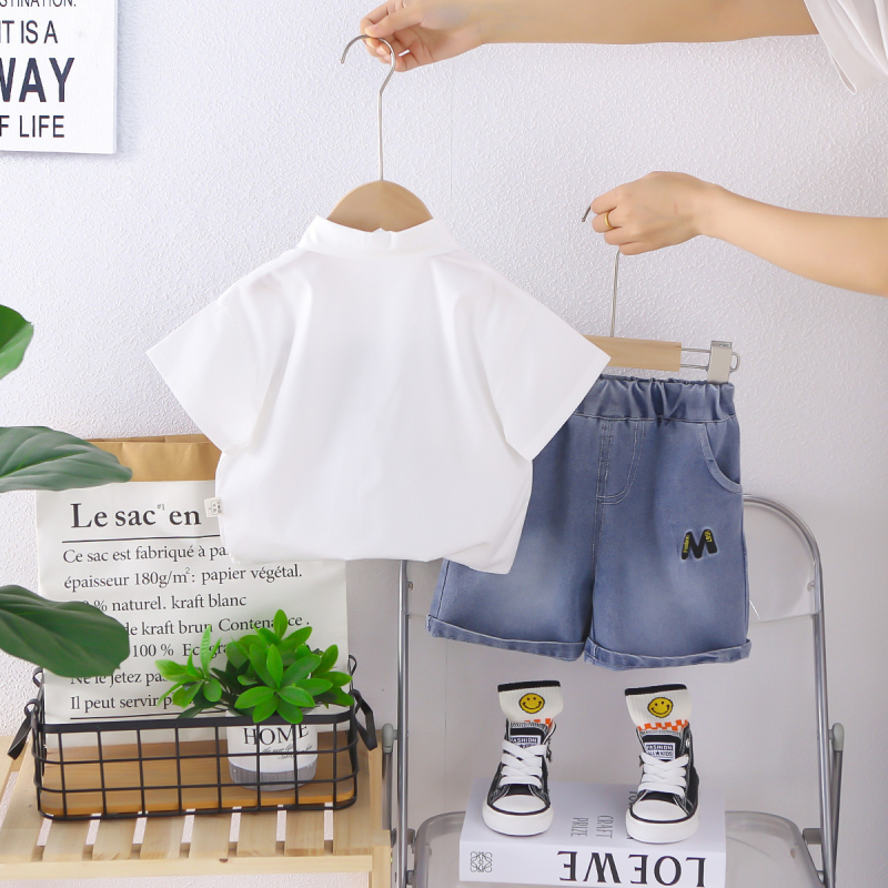 Dječji ljetni dvodijelni set: košulica s ovratnikom i šorc, 92% pamuka, unisex, korejski stil, za dob 1–3 godine
