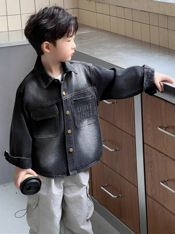Cămașă din denim pentru băieți, stil coreean, guler rever, mâneci lungi, culoare solidă