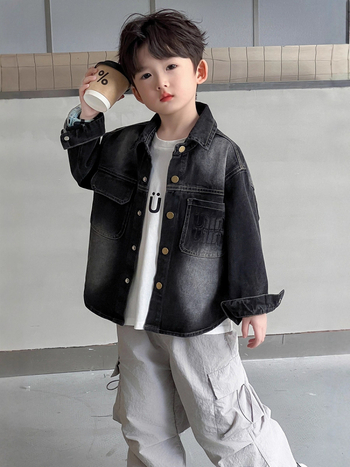 Cămașă din denim pentru băieți, stil coreean, guler rever, mâneci lungi, culoare solidă