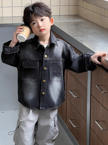 Cămașă din denim pentru băieți, stil coreean, guler rever, mâneci lungi, culoare solidă