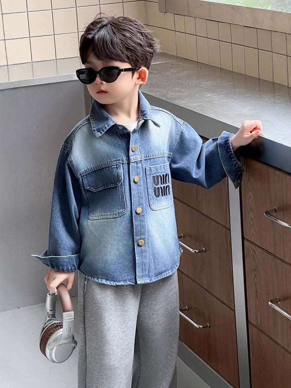 Cămașă din denim pentru băieți, stil coreean, guler rever, mâneci lungi, culoare solidă