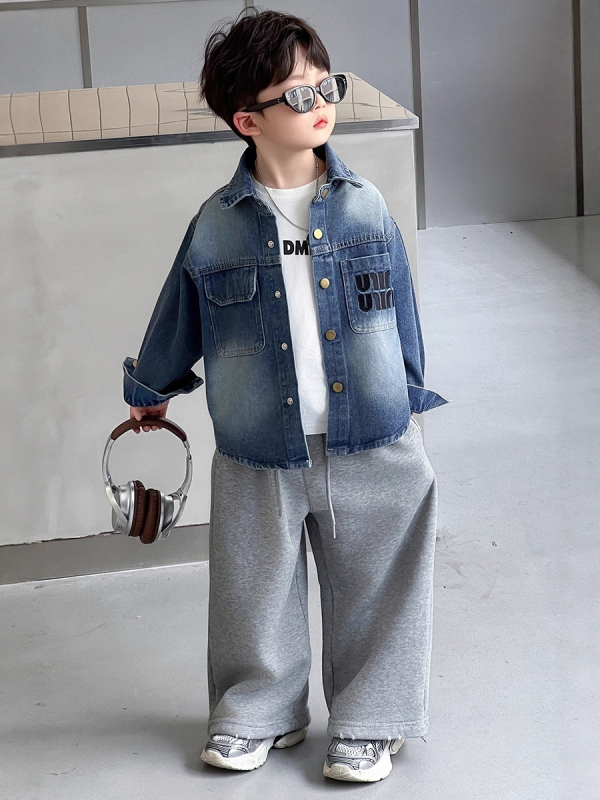 Cămașă din denim pentru băieți, stil coreean, guler rever, mâneci lungi, culoare solidă