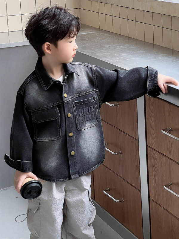 Cămașă din denim pentru băieți, stil coreean, guler rever, mâneci lungi, culoare solidă