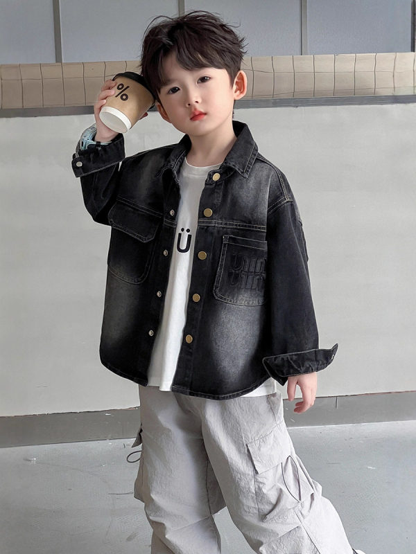 Cămașă din denim pentru băieți, stil coreean, guler rever, mâneci lungi, culoare solidă